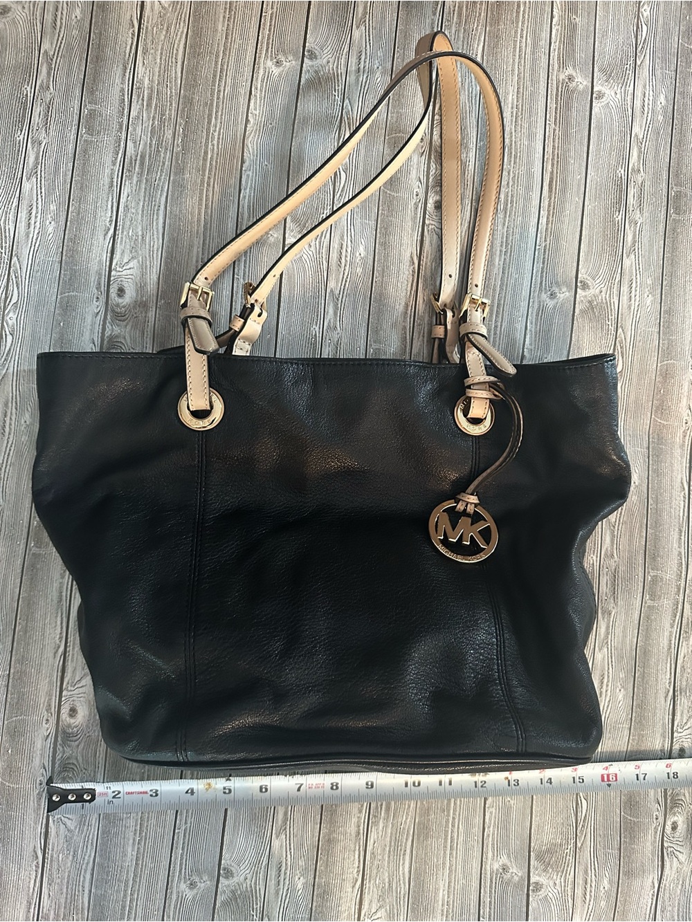 Michael Kors Black Leather Tote with Cream Shoulder Straps